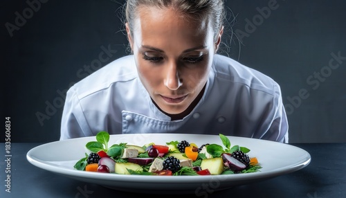 A Focused Female Chef In A White Uniform Carefully Inspects A Beautifully Plated Salad With Fresh Vibrant Ingredients And Colorful Vegetables On A Dark Background With Dramatic Lighting