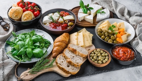 A Culinary Spread of Gourmet Ingredients Featuring Fresh Produce Artisan Cheeses Croissants and Various Dips and Spreads Artfully Arranged on a Textured Surface With Soft Lighting