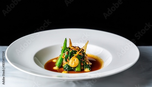 Wallpaper Mural Artfully Plated Gourmet Green Vegetable Dish with Savory Broth and Crispy Toppings in a White Ceramic Bowl on a Marble Tablecloth with Dark Background Studio Lighting Torontodigital.ca