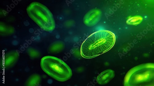 Vibrant microscopic view of green algae floating in a dark aquatic environment, showcasing natural beauty