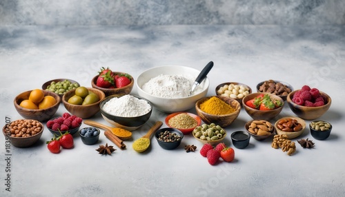 Wallpaper Mural Artisanal Baking Ingredients Artfully Arranged Vibrant Fresh Textures Diverse Selection of Nuts Berries Spices and Flours on a Textured Gray Surface Torontodigital.ca