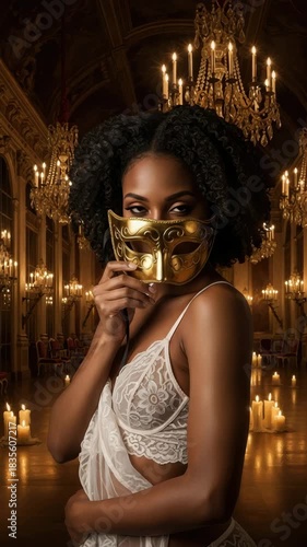 A woman wears a mask and stands in a softly lit ballroom