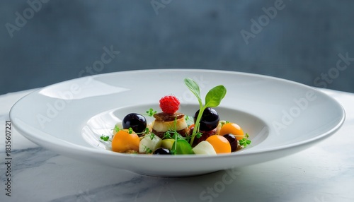 Wallpaper Mural Artisanal gourmet dish with vibrant fruits and herbs presented on a white plate with soft natural lighting and shallow depth of field creating an elegant presentation Torontodigital.ca