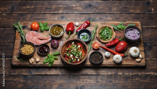 Wallpaper Mural Artisanal Ingredients Arranged Flat Lay on Rustic Wooden Board Warm Natural Light Torontodigital.ca