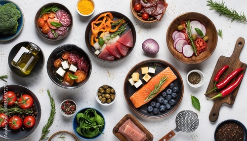 Wallpaper Mural Artisanal Gourmet Ingredients Flat Lay Vibrant Colors Natural Light Appealing Culinary Textures Overhead View of Fresh Salmon Tuna Olives Feta Cheese and Spices Arranged Artistically on White Surface Torontodigital.ca
