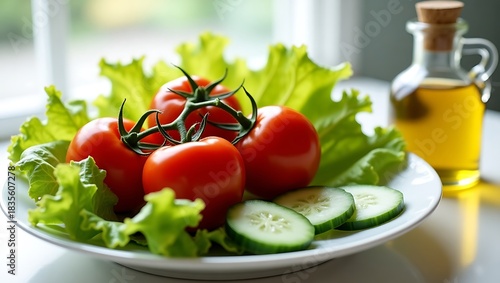 Fresh ripe tomatoes and crisp lettuce on a plate with sliced cucumbers and olive oil bottle
