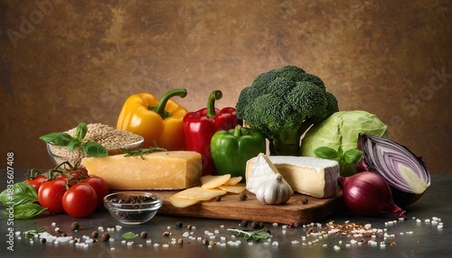 Wallpaper Mural Assortment Of Fresh Gourmet Ingredients Including Colorful Vegetables Cheeses And Herbs Artfully Arranged In A Studio Still Life Composition With Textured Background And Dramatic Lighting Torontodigital.ca