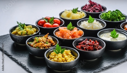 Wallpaper Mural Assortment of Gourmet Appetizers and Side Dishes Artfully Arranged in Small Black Bowls with Fresh Parsley Garnishes on a Textured Slate Platter Under Studio Lighting Torontodigital.ca