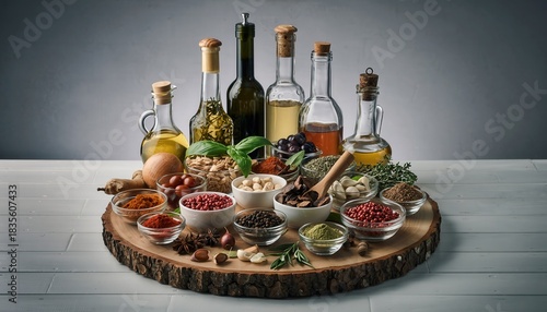 Wallpaper Mural Assortment of Gourmet Ingredients Including Oils Nuts and Spices Artfully Arranged on Rustic Wood Slice Illuminated by Soft Natural Light Torontodigital.ca