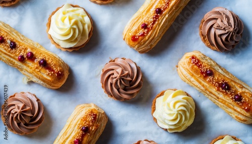 Wallpaper Mural Assortment of gourmet desserts featuring eclairs tarts and swirls of chocolate and vanilla cream arranged artfully on a white surface illuminated by soft natural light Torontodigital.ca