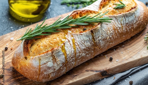 Wallpaper Mural Close-up of Artisanal Bread Drizzled with Olive Oil and Fresh Rosemary Sprig Presented on a Wooden Board Illuminated by Natural Light with Peppercorns Scattered Around Torontodigital.ca
