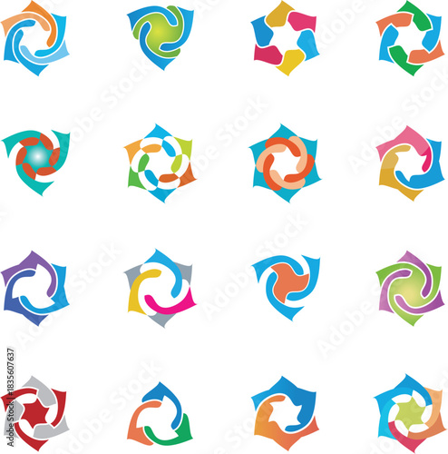 Abstract set of colorful vector business logos, geometric corporate identity icons, star and spiral design elements, and web symbols collection
