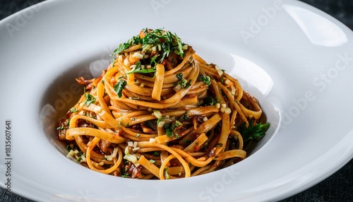 Wallpaper Mural Close up of artisanal linguine pasta dish with red sauce herbs and garlic in a white bowl studio lighting delicious food photography Torontodigital.ca