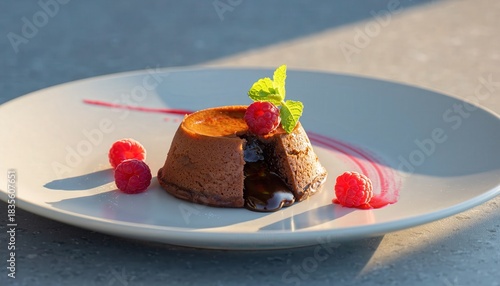 Wallpaper Mural Decadent Chocolate Lava Cake With Raspberry Coulis and Mint Garnish Artfully Plated on a White Plate With Soft Sunlight Torontodigital.ca