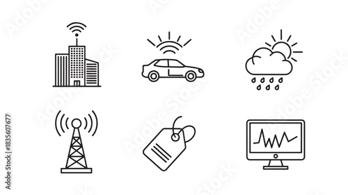 A collection of line art icons showcasing various themes including technology weather commerce and data analysis representations