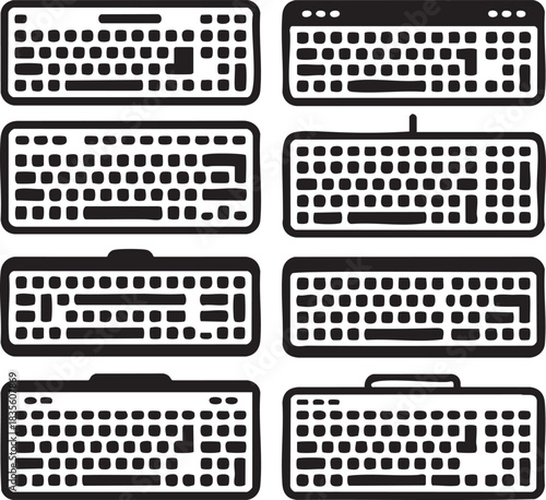 Collection of computer keyboards different styles in black and white vector image