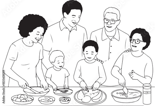 Diverse family cooking together in the kitchen