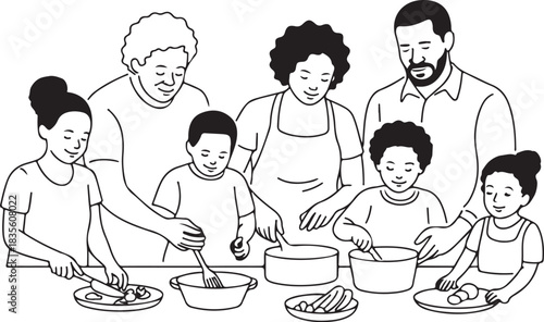 Diverse family cooking together in the kitchen black and white illustration