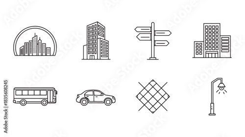 City infrastructure vector illustration urban elements building bus car traffic sign light post modern architecture skyline outline