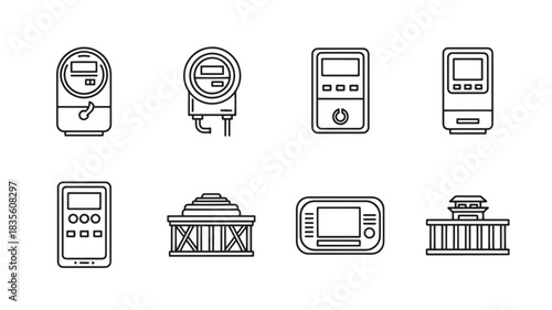 Collection of Line Art Icons Representing Smart Meter Devices, Historic Architecture, and Modern Gadgets, Black and White