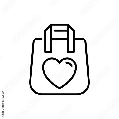 Shopping bag vector icon. editable line icon with heart symbol, outline style
