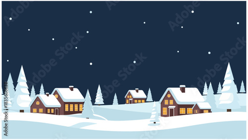 Serene Winter Night Village Illustration with Cozy Lit Homes