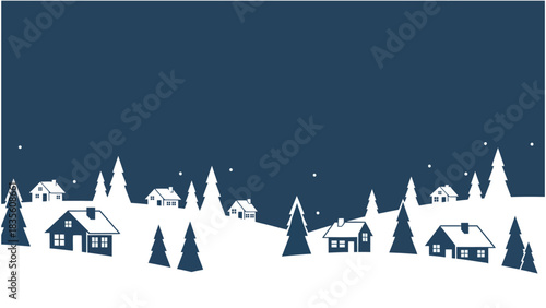 Winter Village Landscape Silhouette Illustration Snowy Houses Trees and Stars