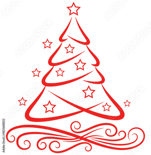 Red Christmas Tree Vector Graphic with Stars and Ornate Swirls