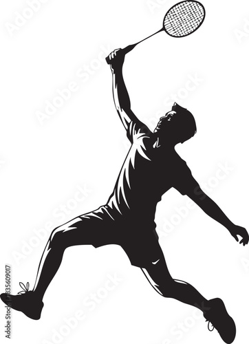 Dynamic badminton player striking shuttlecock sports silhouette graphic illustration