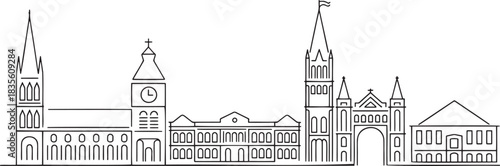 European city skyline flat vector outline illustration cityscape travel landmark building church drawing