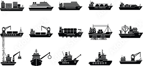 Black silhouette cargo ships, cruise liners, fishing boats, and container vessels icons set, maritime transportation, shipping industry vector illustration collection