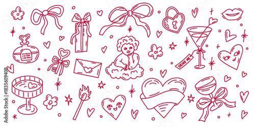 Valentine doodle set with romantic hearts, bows, gifts and cute Cupid illustration