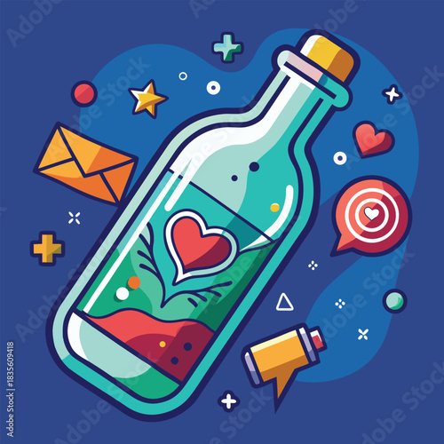 Whimsical love potion bottle with hearts and stars on a deep blue background