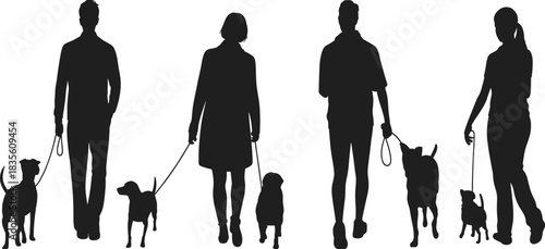 Black silhouette of five people walking different breed dogs on leashes, minimalistic vector illustration of outdoor pet companionship scene