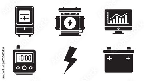 Energy and Power Generation Visuals Featuring Battery, Lightning Bolt, Motor, Monitor, Electric Meter, and Timer Devices in Vector