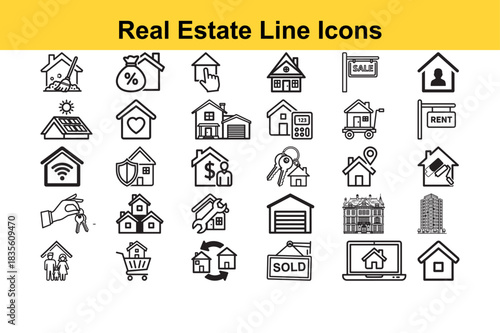 Real estate icons depicting property sale rent and house related maintenance activities