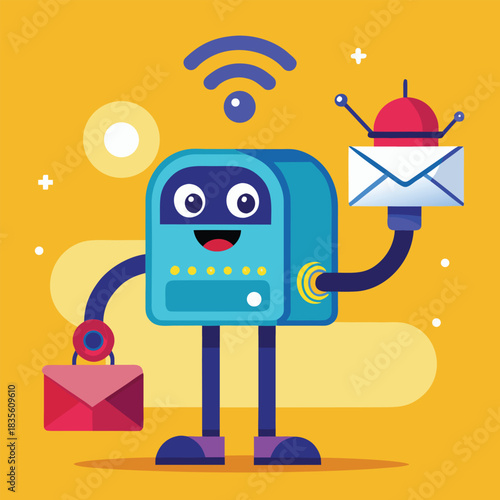 Friendly cartoon robot with mail and wi fi symbol represents communication and technology