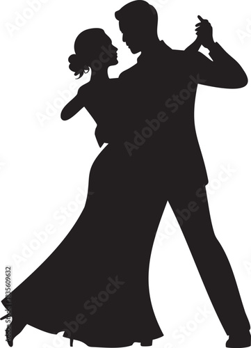 Silhouette of a formal couple performing an elegant ballroom dance ideal for romantic event advertising or celebration graphics.
