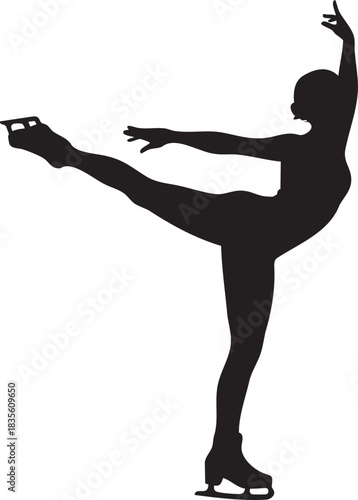 Figure skater silhouette performs a graceful arabesque pose ideal for sports branding or performance graphics.