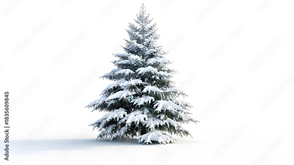 Obraz premium Minimalist Winter Composition Featuring Pine Tree Covered in Snow on White Backdrop