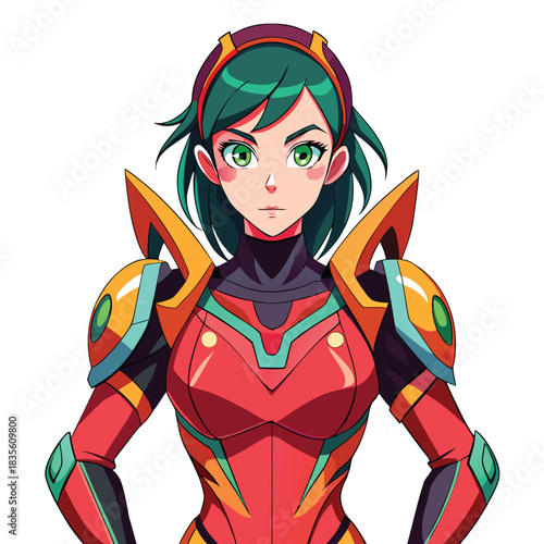 Anime warrior woman with green hair and vibrant red and orange futuristic armor