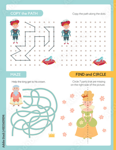 Pages for a children's activity book. The theme is a fairytale kingdom. Copy the path, Maze, Find and Circle. Fun activities for preschool children. Vector illustration.