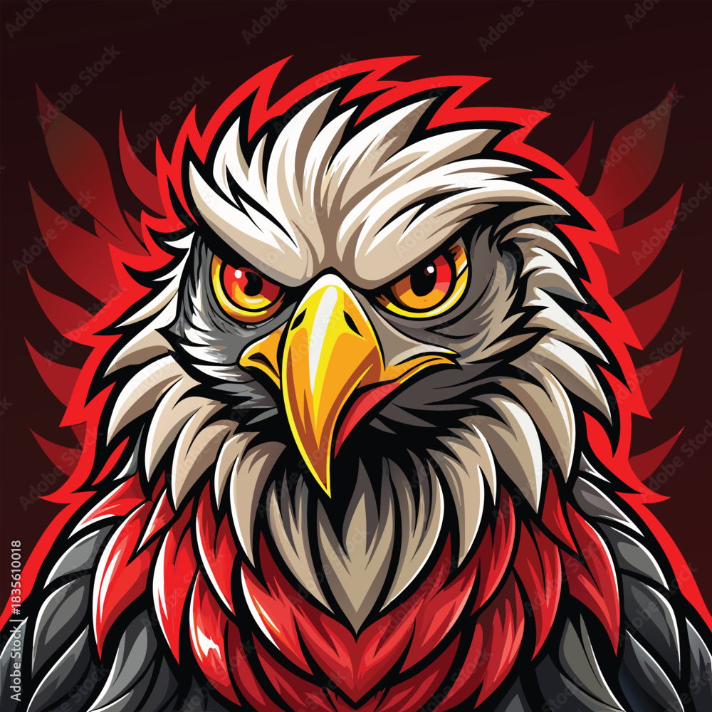 Obraz premium Fierce eagle portrait with intense gaze and fiery red winged background