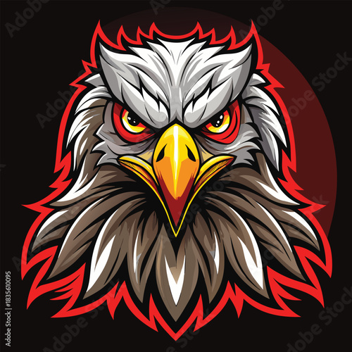 Fierce eagle mascot head with intense eyes and fiery red outline