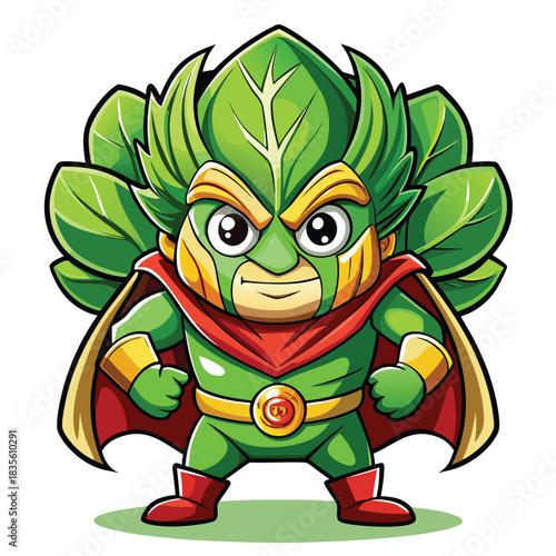 Mighty green leafy vegetable superhero with red cape and golden accents ready for action