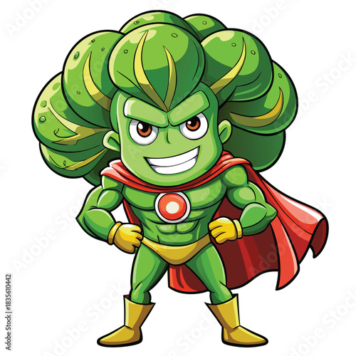 Mighty broccoli superhero with a red cape and determined expression ready for action