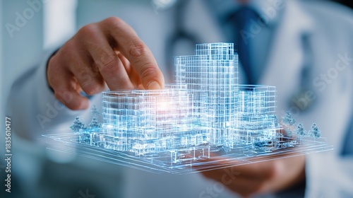 Healthcare Architecture Design: A doctor is meticulously studying a 3D architectural model of a hospital or medical facility, offering a glimpse into the future of healthcare innovation and design.