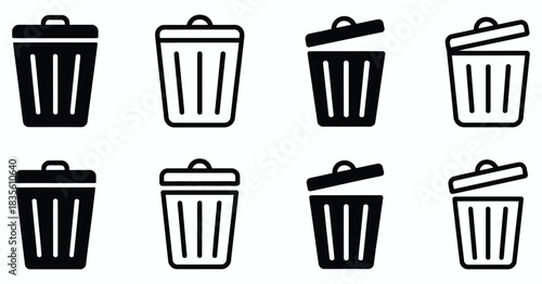 Trash bin icons, outline and solid styles, waste management symbols, sanitation icons, recycling icons, cleaning icons, eco-friendly application icons, interface design elements, vector icon set, garb