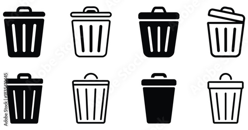 Trash bin icons, outline and solid styles, waste management symbols, sanitation icons, recycling icons, cleaning icons, eco-friendly application icons, interface design elements, vector icon set, garb