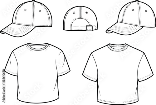 Blank t-shirt and cap mockup, vector fashion template, front and back views, clothing design outline, unisex apparel illustration